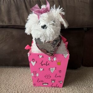 Holiday Home White Dog Plush Sequins Heart Pink Love Babe Carrying Box VDay Gift